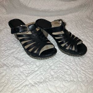 Josef Seibel high heel leather open back sandals, black, size 38